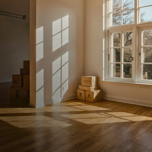 Empty room after a move-out clean, with moving boxes stacked in the corner